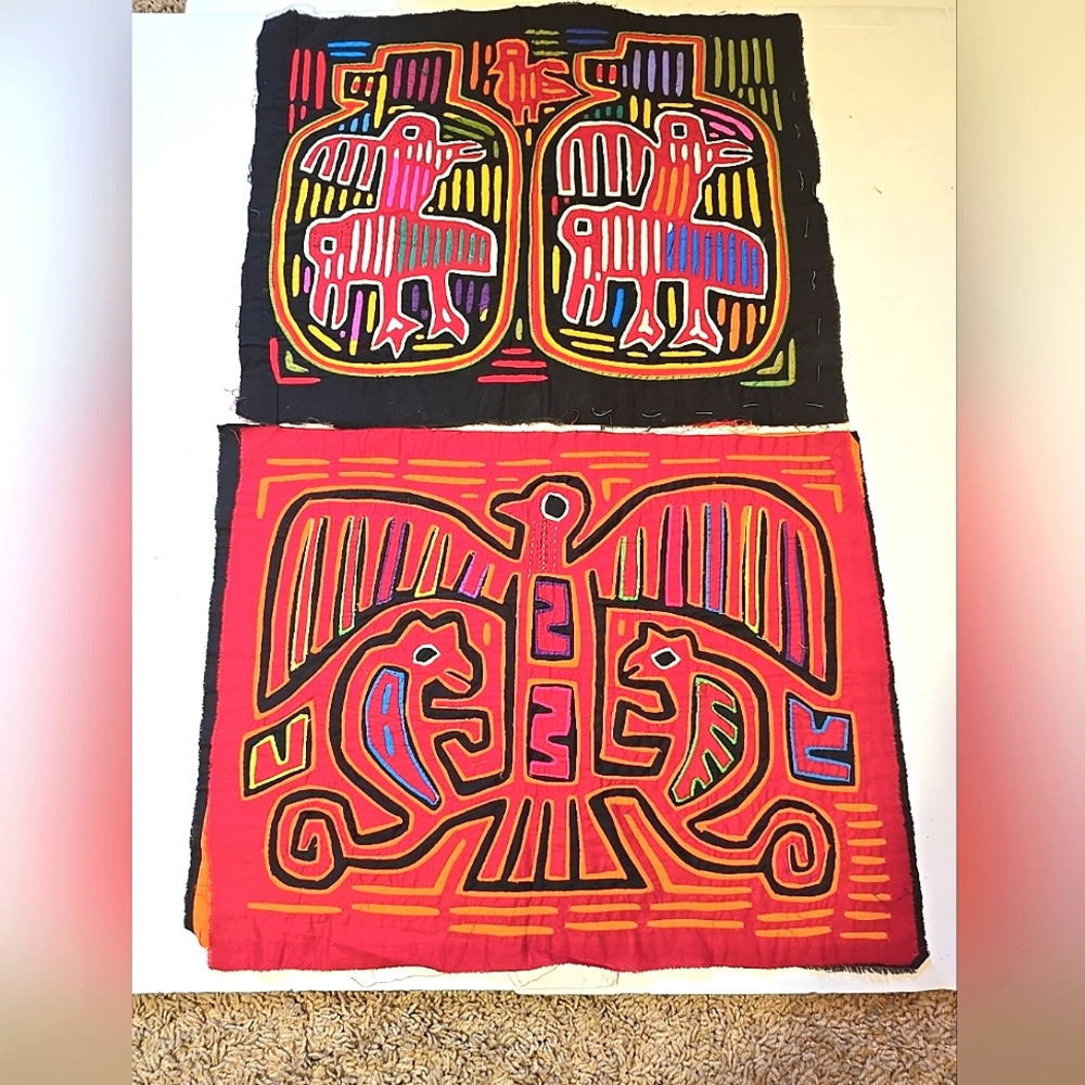 Vintage Kuna Mola Hand Sewn Panamanian Art Set Of 2